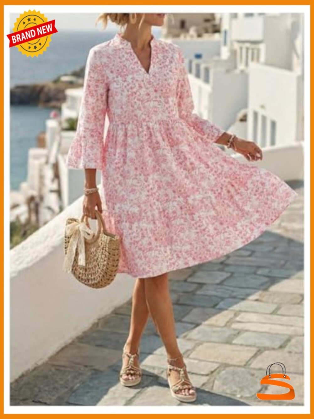 Floral V Neck Ruffle 3/4 Sleeve Swing Dress Flowy Beach Vacation Short Sundress - Picture 5 of 5